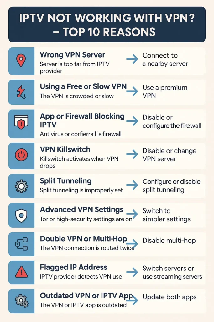 Infographic showing 10 common reasons why IPTV not working with VPN, including server issues, app settings, and network conflicts.