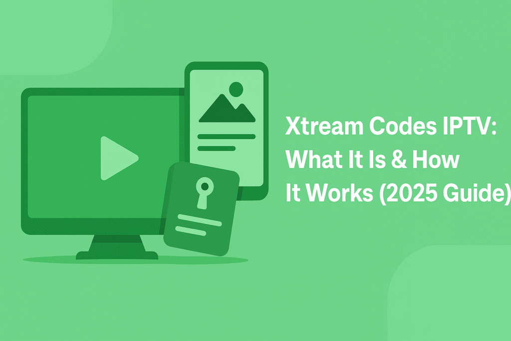 Wide green digital banner with illustrations of IPTV devices and bold title text promoting Xtream Codes IPTV 2025 guide.