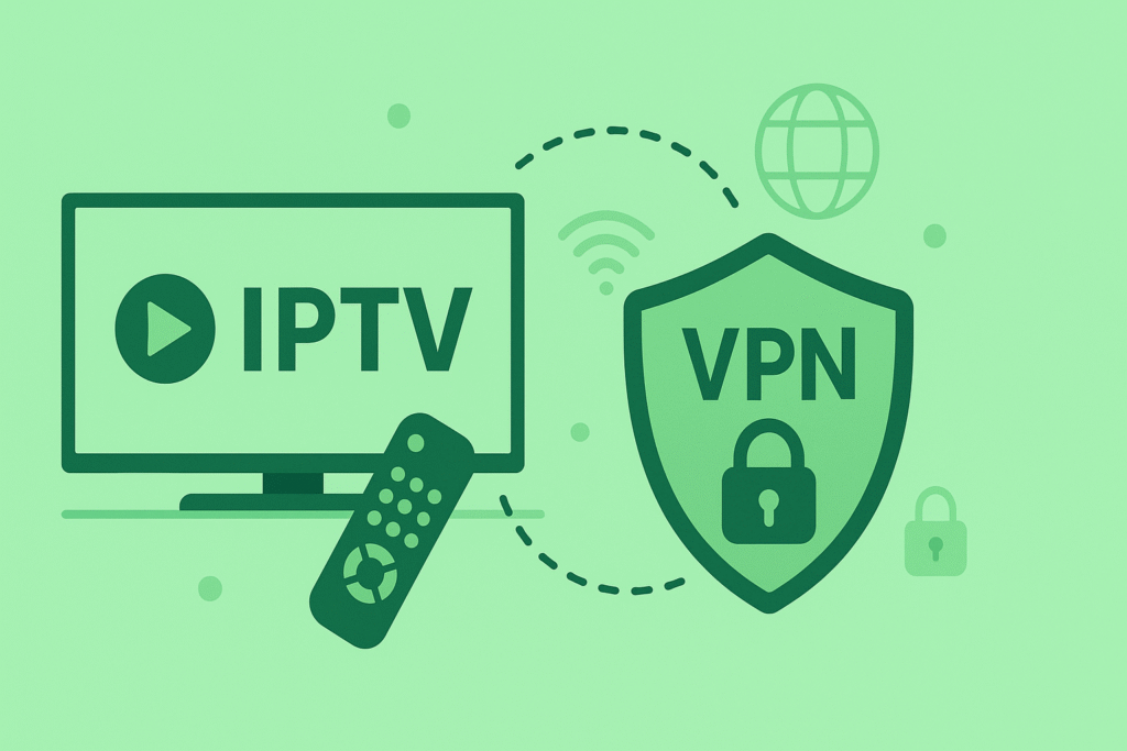 Flat green illustration showing VPN for IPTV with a secure connection between IPTV streaming and a VPN shield, representing private and safe viewing.