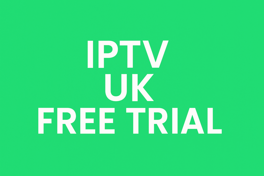 Light green desktop banner with bold white text promoting IPTV UK free trial for 2025.